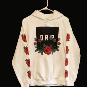 RUE 21 ladies medium hoodie NWT White with red roses on arms Black Square on it
